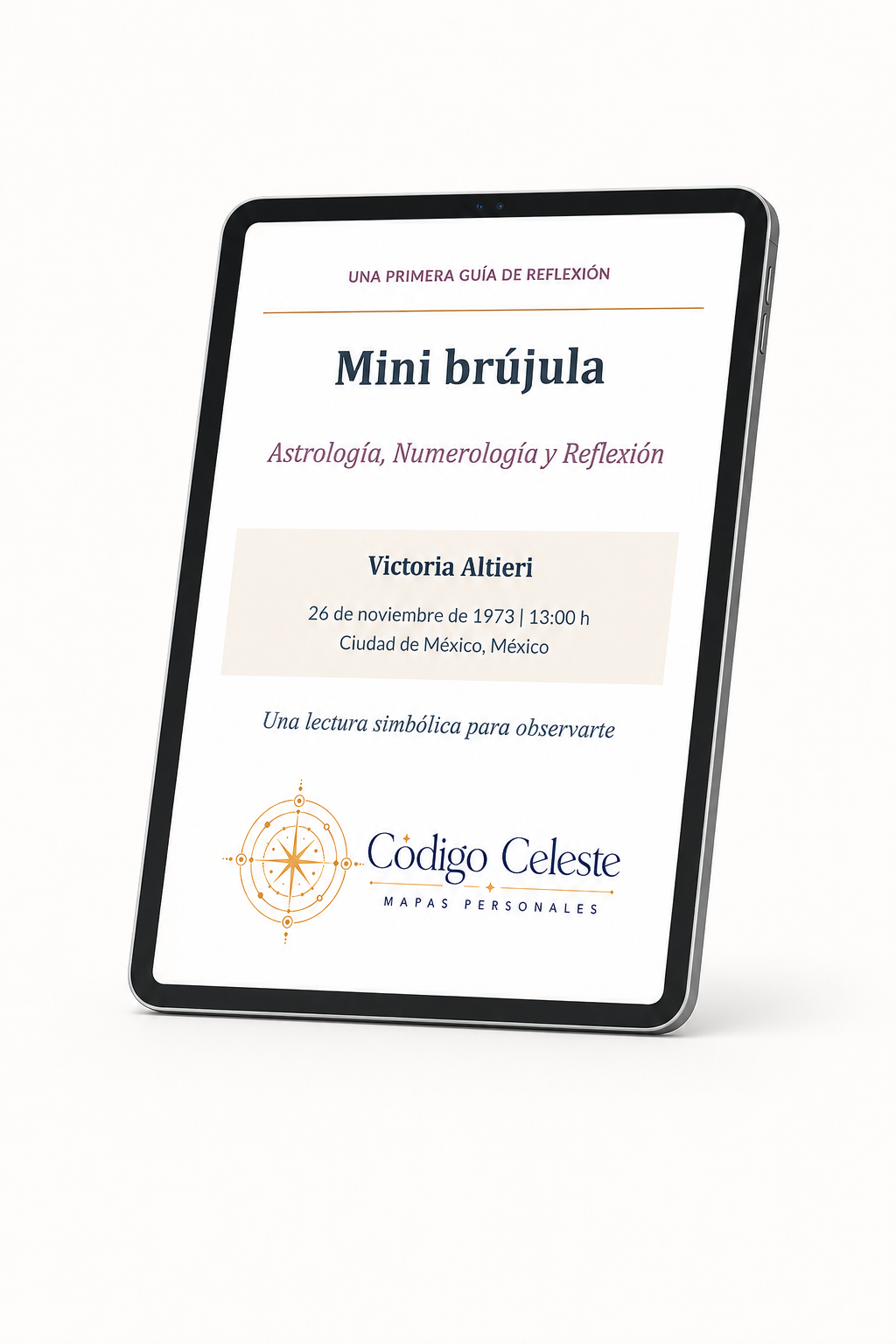 Mini Brújula personalizada de Código Celeste mostrada en una tableta