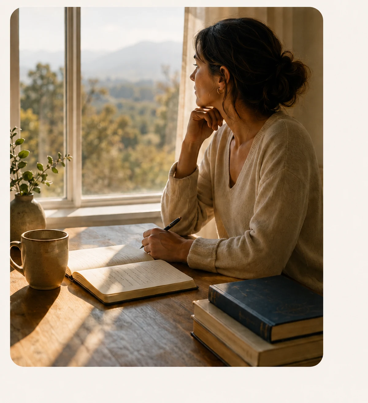 Mujer reflexionando frente a una ventana con un cuaderno abierto
