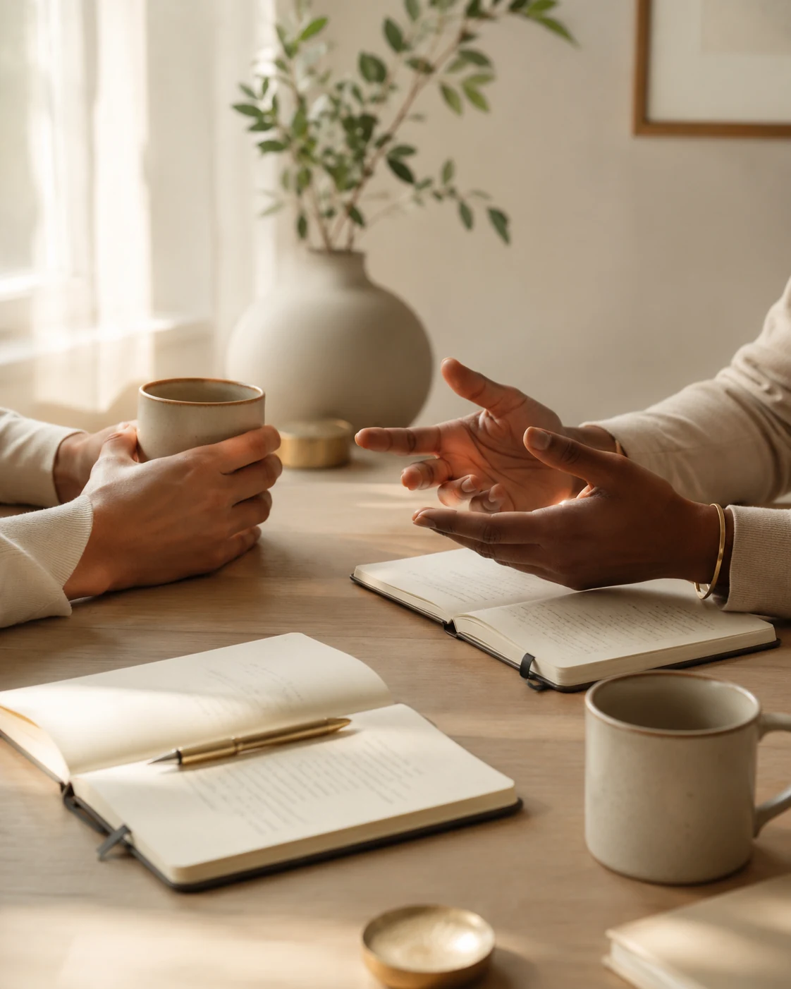 Dos personas conversando alrededor de una mesa con cuadernos y tazas.